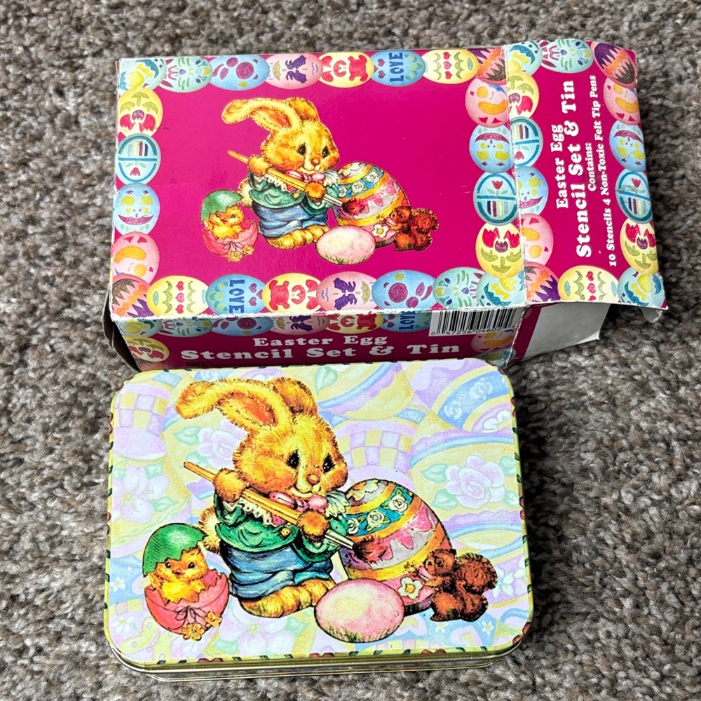 Vintage Easter egg stencil set and tin new in box